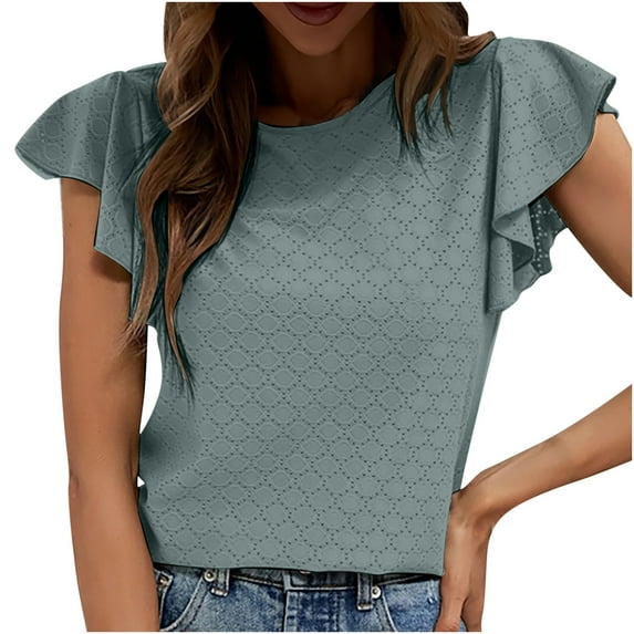 Mittory Women's T-Shirts Loose Fit Crew Neck Eyelet Short Sleeve Summer Casual Basic Tops