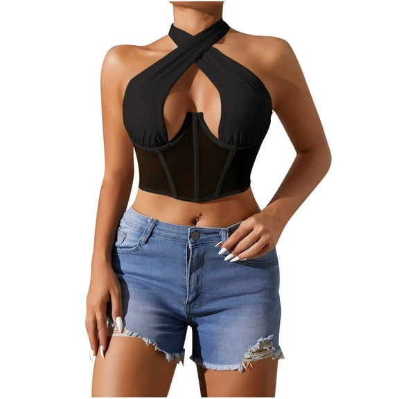 Mittory Women's Tank Top Sleeveless Mesh Criss-Crossing Wrap Tie Knot Crop Halterneck Top Floral Lace Sexy Corset Top