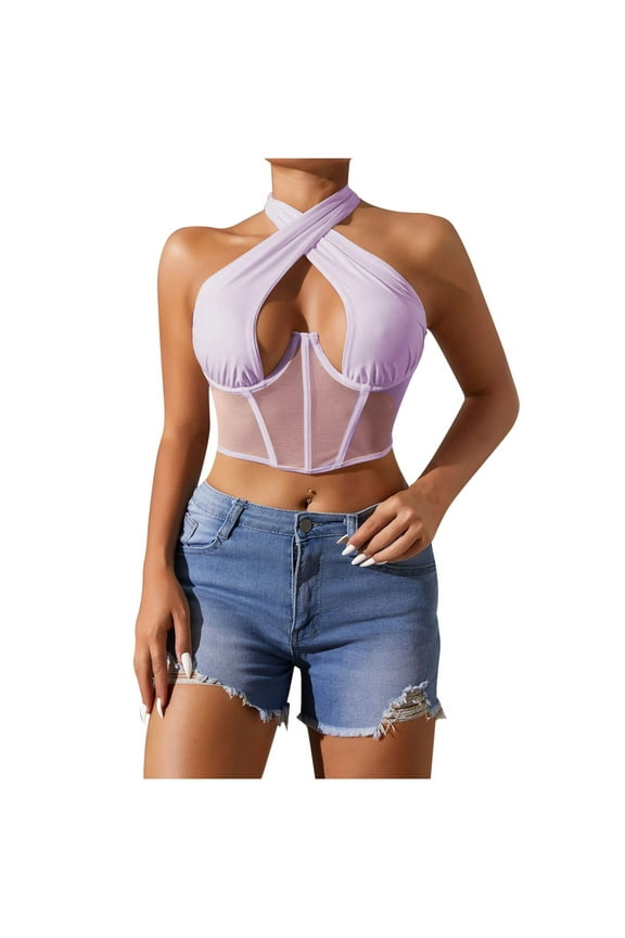 Women's Tank Top Sleeveless Mesh Criss-Crossing Wrap Tie Knot Crop Halterneck Top Floral Lace Sexy Corset Top