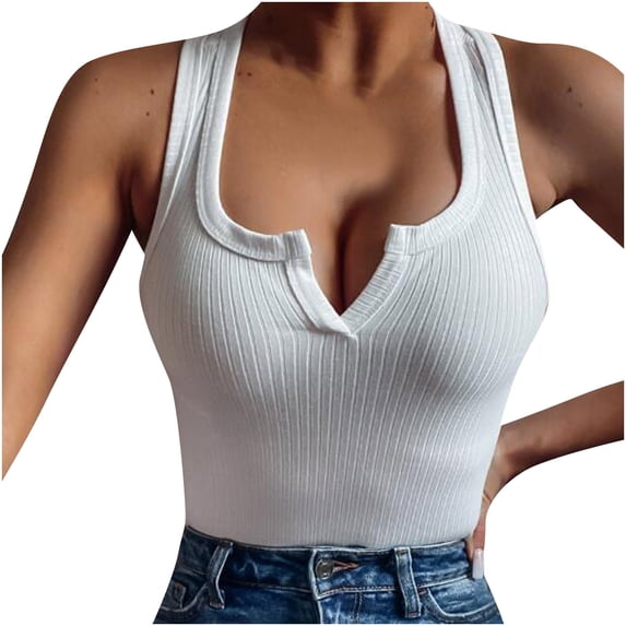 Mittory Women's Tank Tops Ribbed V Neck Sleeveless T Shirts Summer Slim Fitted Basic Tee Tops Crew Neck Cami Shirt
