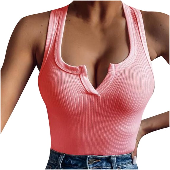 Mittory Women's Tank Tops Ribbed V Neck Sleeveless T Shirts Summer Slim Fitted Basic Tee Tops Crew Neck Cami Shirt
