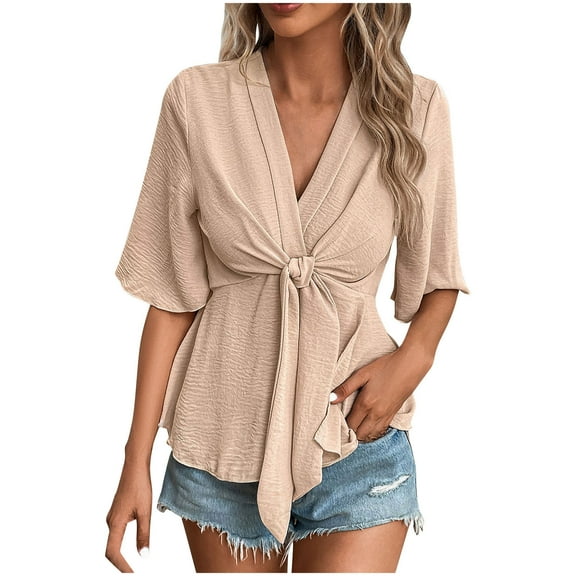 Mittory Women's Textured Wrap V Neck Ruffle Short Sleeve Ruched Blouse Tie Front Tunic Tops
