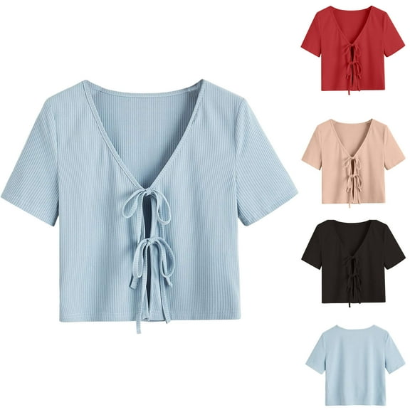 Mittory Women's Tie Front Crop Tops Bell Sleeve Scoop Neck Short Sleeve Blouses Crochet Sheer Knit Shrug Shirts