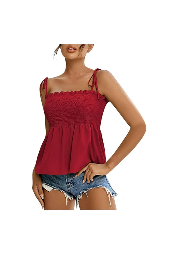 Women's Tie Shoulder Frill Shirred Ruffle Hem Sleeveless Strappy Cami Blouse Peplum Top