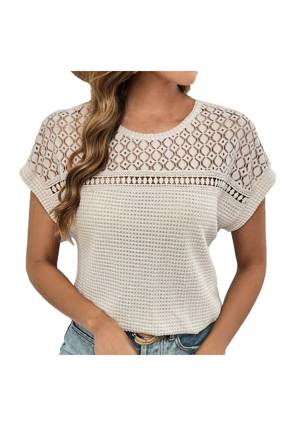 Women's Tops Casual Scoop Neck Short Sleeve Waffle Knit Hollow Out Shirts Loose Tunic Tops Blouses