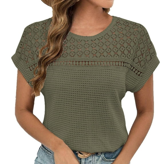 Mittory Women's Tops Casual Scoop Neck Short Sleeve Waffle Knit Hollow Out Shirts Loose Tunic Tops Blouses