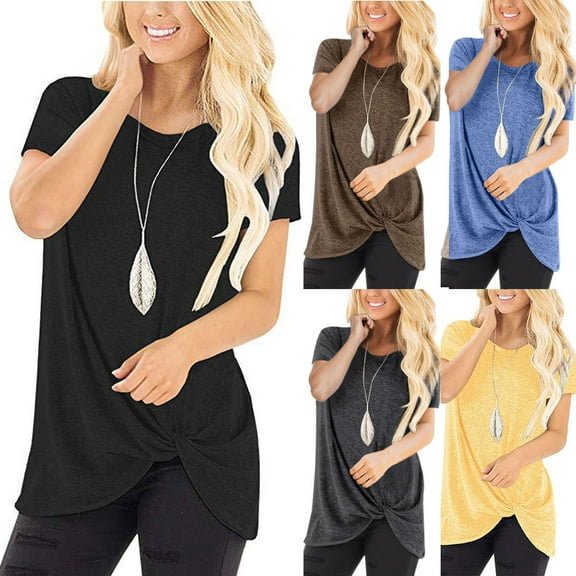 Mittory Women's Tops Short Sleeve Twist Knotted T Shirts Summer Blouse Tunic Tops