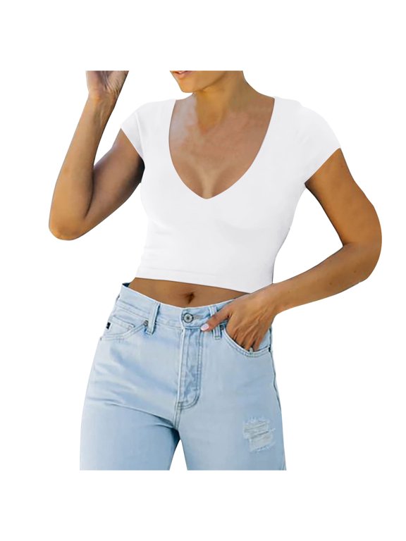 Women's Trendy Sexy V Neck Short Sleeve Double Lined Slimming T Shirts Crop Tops Tees
