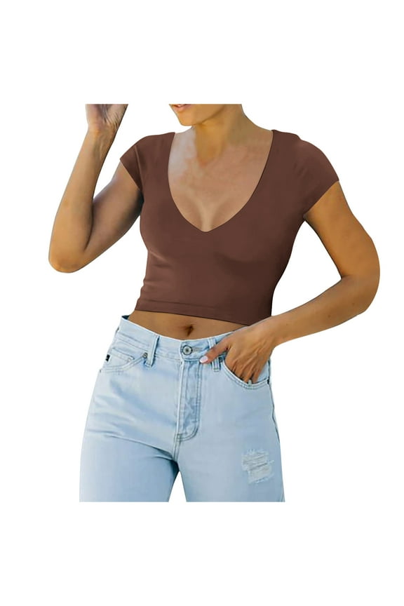Women's Trendy Sexy V Neck Short Sleeve Double Lined Slimming T Shirts Crop Tops Tees