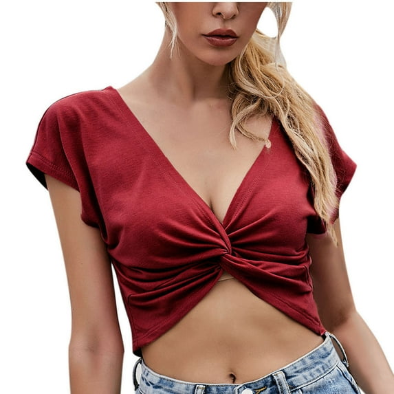 Mittory Women's Twist Front V Neck Short Sleeve T Shirt Tie Backless Solid Crop Tops