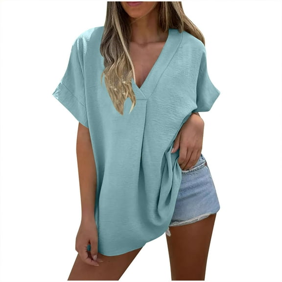 Mittory Women's V Neck Blouses Dressy Casual Short Sleeve Summer Tops Cotton Line Trendy Business Work Shirts