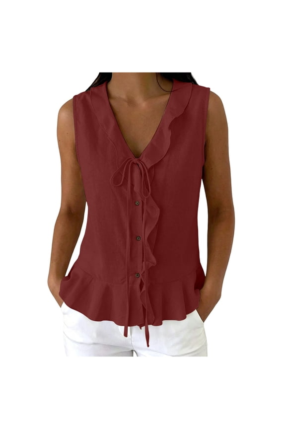 Women's V Neck Bow Tie Front Lightweight Ruffle Tank Tops Summer Casual Sleeveless Button Down Vacation Blouses