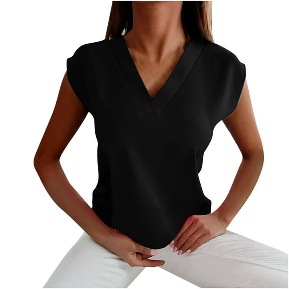 Mittory Women's V Neck Chiffon Blouses Cap Sleeve Shirts Casual Loose Work Office Solid Tops