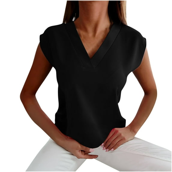 Mittory Women's V Neck Chiffon Blouses Cap Sleeve Shirts Casual Loose Work Office Solid Tops