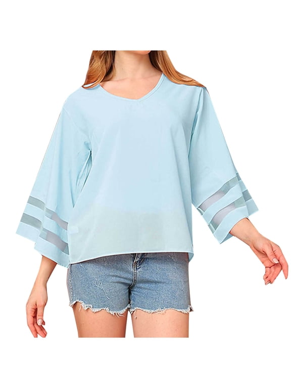 Women's V Neck Mesh Panel Blouse 3/4 Bell Sleeve Casual Chiffon Stitching Loose Top Shirt