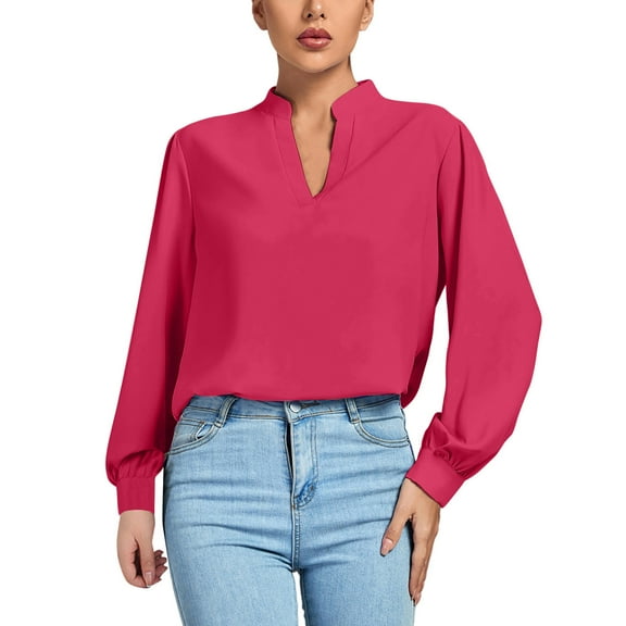 Mittory Women's V Neck Shirred Long Sleeve Office Elegant Tunic Chiffon Blouses Shirts