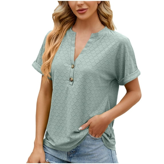 Mittory Women's V Neck Shirts Country Casual Short Sleeve Summer Button Down Blouse Tops Loose Fit