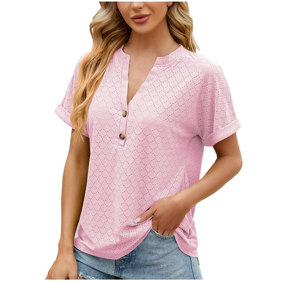Mittory Women's V Neck Shirts Country Casual Short Sleeve Summer Button Down Blouse Tops Loose Fit
