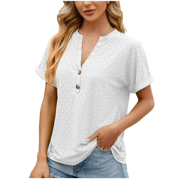 Mittory Women's V Neck Shirts Country Casual Short Sleeve Summer Button Down Blouse Tops Loose Fit