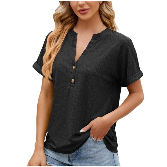Mittory Women's V Neck Shirts Country Casual Short Sleeve Summer Button Down Blouse Tops Loose Fit