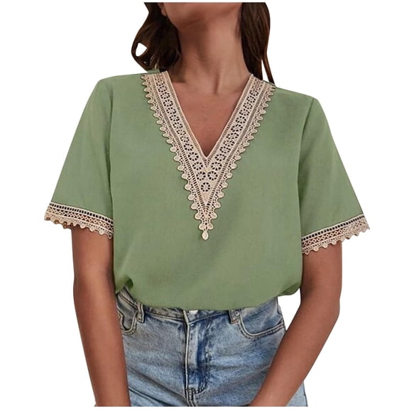 Mittory Women's V Neck Short Sleeve Lace Trim Top Casual Blouse Loose Fit Dressy Basic T-Shirt