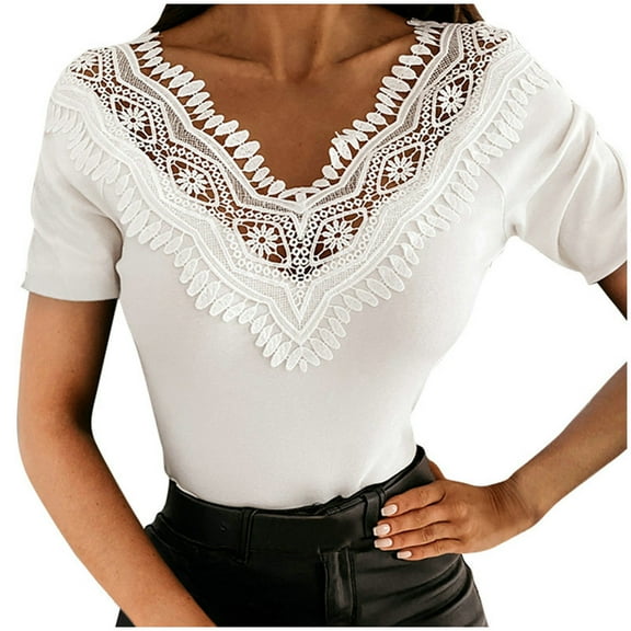 Mittory Women's V Neck Short Sleeve Lace Trim Top Casual Blouse Shirts