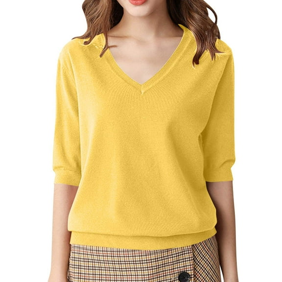 Mittory Women's V-Neck Short Sleeve Soft Stretch Pullover Knit Top Sweater