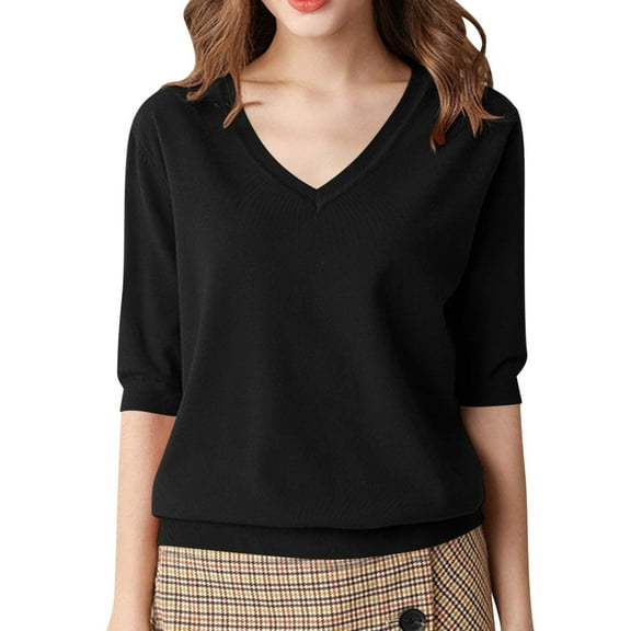 Mittory Women's V-Neck Short Sleeve Soft Stretch Pullover Knit Top Sweater