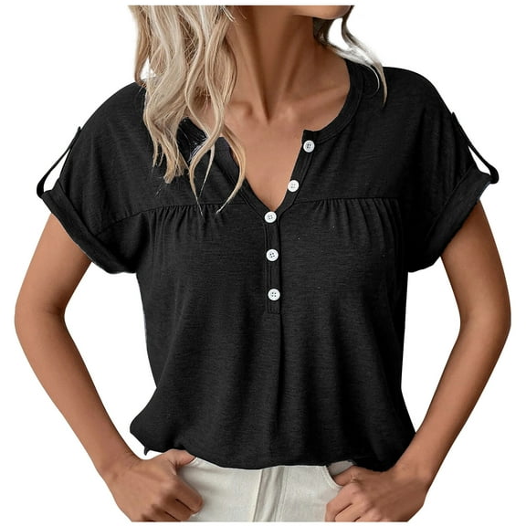 Mittory Women's V Neck Short Sleeve Tops Button Down Casual T Shirts Basic Dressy Tees
