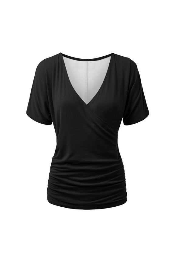 Women's V Neck Short Sleeve Wrap Front Drape Dolman Tunic Top Ruched Trendy Clothes