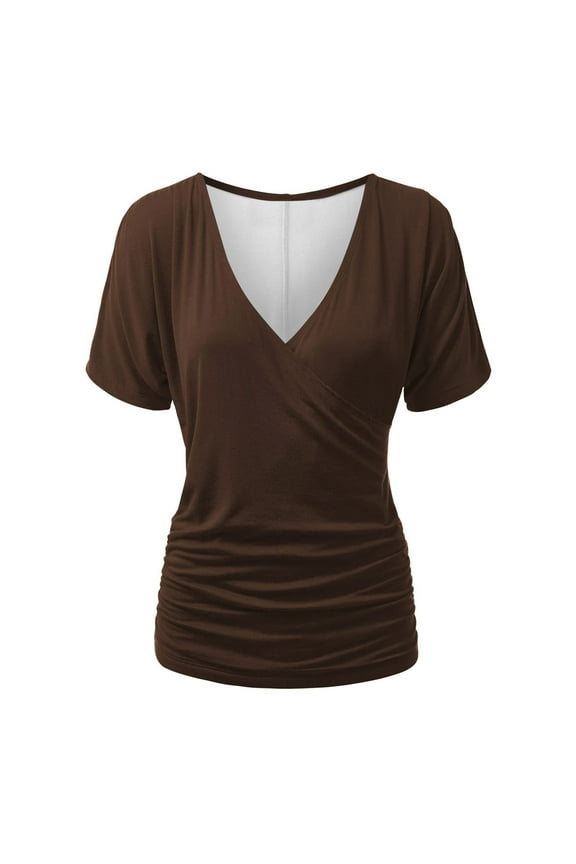 Women's V Neck Short Sleeve Wrap Front Drape Dolman Tunic Top Ruched Trendy Clothes