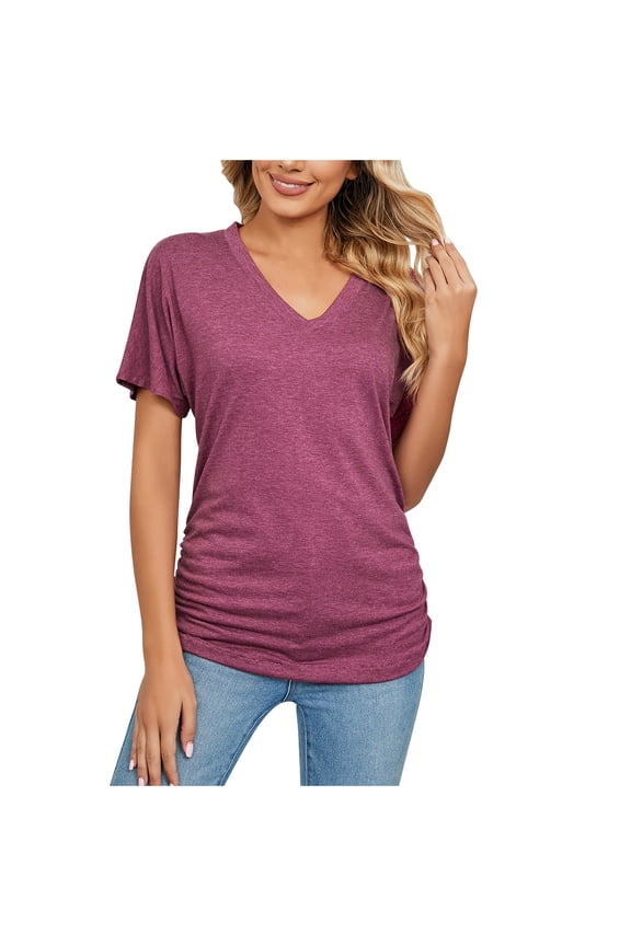 Women's V Neck Tunic Tops Short Sleeve T shirts with Side Shirring Ruched Blouse shirts