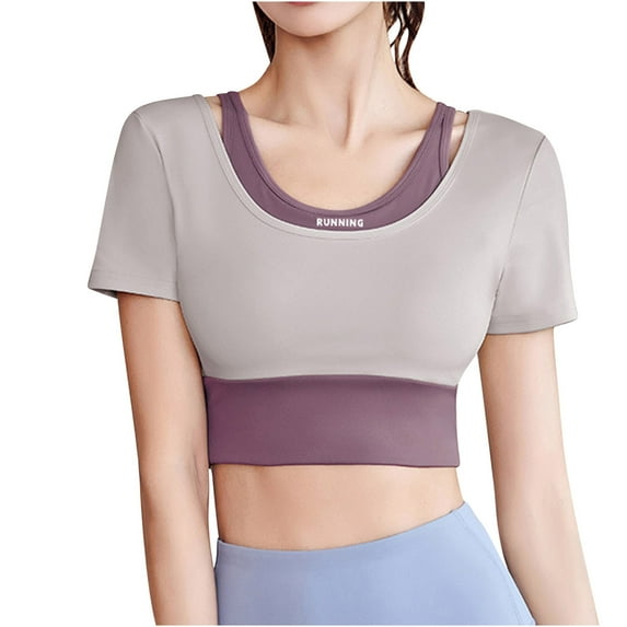 Mittory Women's Workout Tops with Built in Bra Quick Dry Short Sleeve Athletic Crop Shirts Yoga Outfits