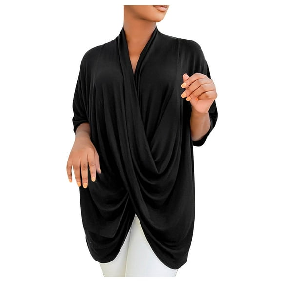 Mittory Women's Wrap V Neck Ruched Short Sleeve Split Hem Blouse Shirt Tunic Top