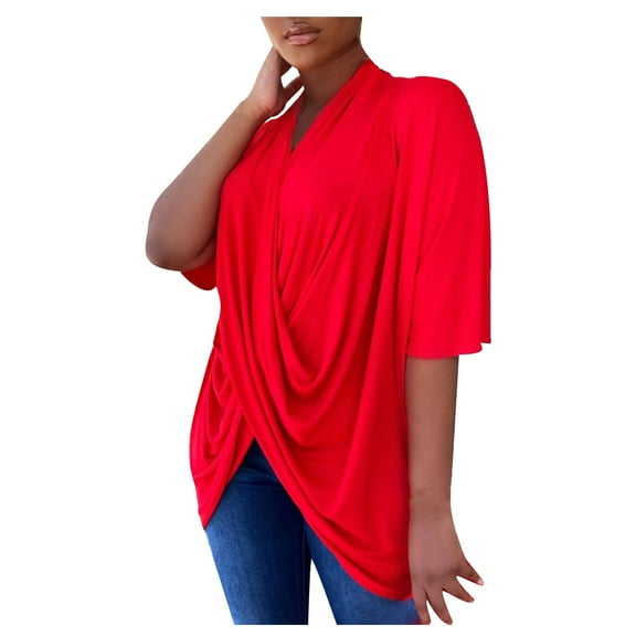 Mittory Women's Wrap V Neck Ruched Short Sleeve Split Hem Blouse Shirt Tunic Top