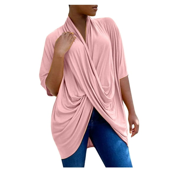 Mittory Women's Wrap V Neck Ruched Short Sleeve Split Hem Blouse Shirt Tunic Top