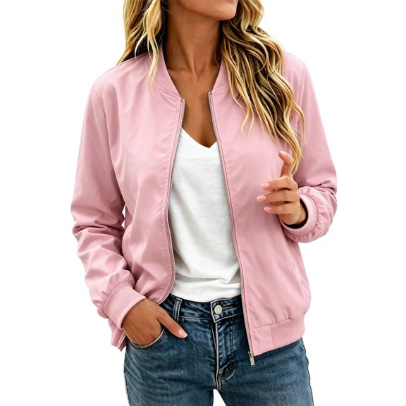 Mittory Women's Zip Up Bomber Jacket Ribbed Collar & Cuffs Long Sleeve Casual Outerwear with Side Pockets