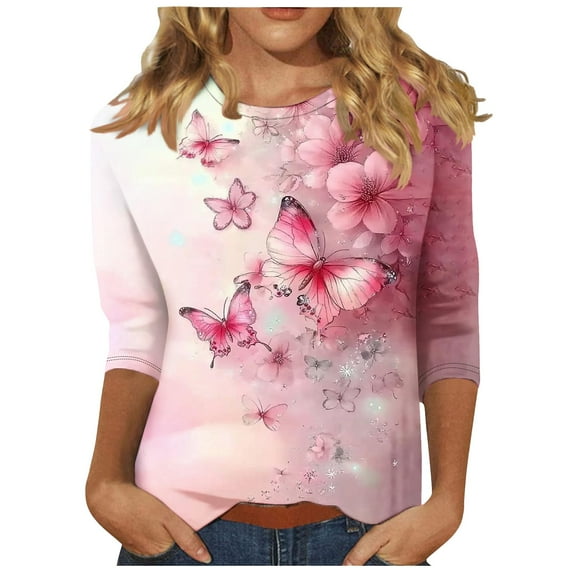 Mittory Womens 3/4 Length Sleeve Tops Crewneck Casual Plus Size Fall Shirts Loose Fit Three Quarter Sleeve Blouses