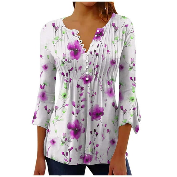 Mittory Womens 3/4 Sleeve Floral Top Vintage V Neck T Shirts Button Down Blouse Dressy Flowy Tops Trendy Loose Blouse