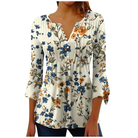 Mittory Womens 3/4 Sleeve Hawaiian Shirts V Neck Summer Floral Printed Shirt Casual Buttons Down Soft Tunic Tops