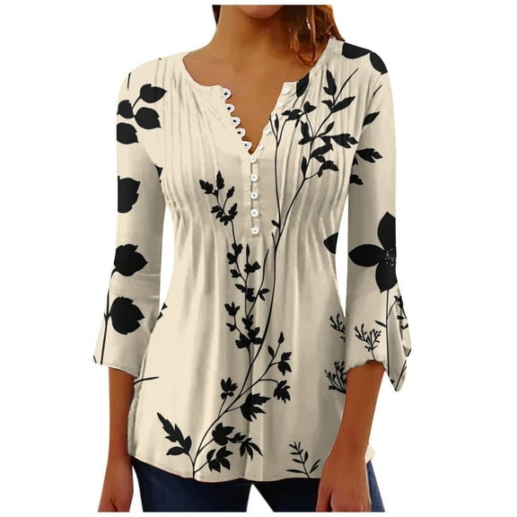 Mittory Womens 3/4 Sleeve Summer Tops V Neck Button Leaf Short Sleeve Tops Peplum Pleated Tee Shirt