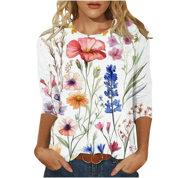 Mittory Womens 3/4 Sleeve Tops Casual Shirts for Women Summer Flower Printed T Shirt Crewneck Floral Tee