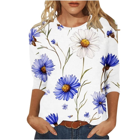 Mittory Womens 3/4 Sleeve Tops Casual Shirts for Women Summer Flower Printed T Shirt Crewneck Floral Tee