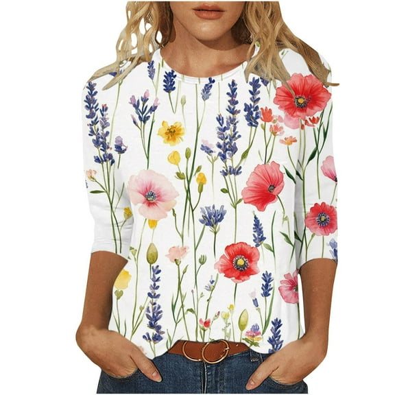 Mittory Womens 3/4 Sleeve Tops Casual Shirts for Women Summer Flower Printed T Shirt Crewneck Floral Tee