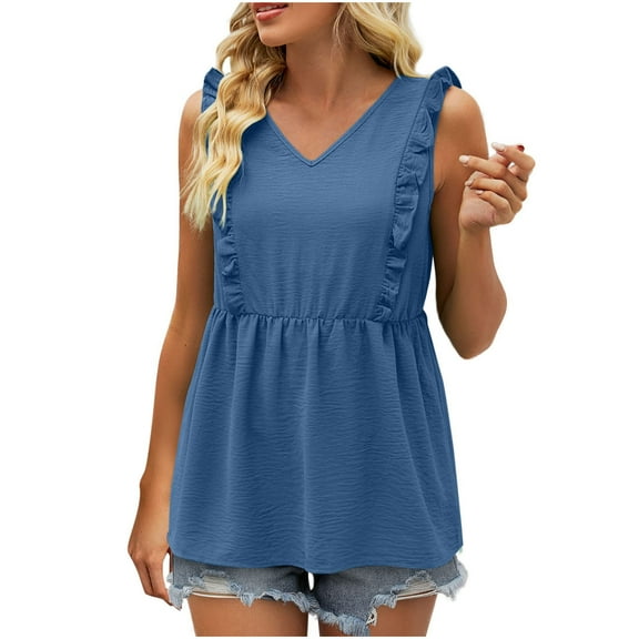 Mittory Womens Babydoll Tank Tops V Neck Ruffle Sleeve Pleated Peplum Shirts Summer