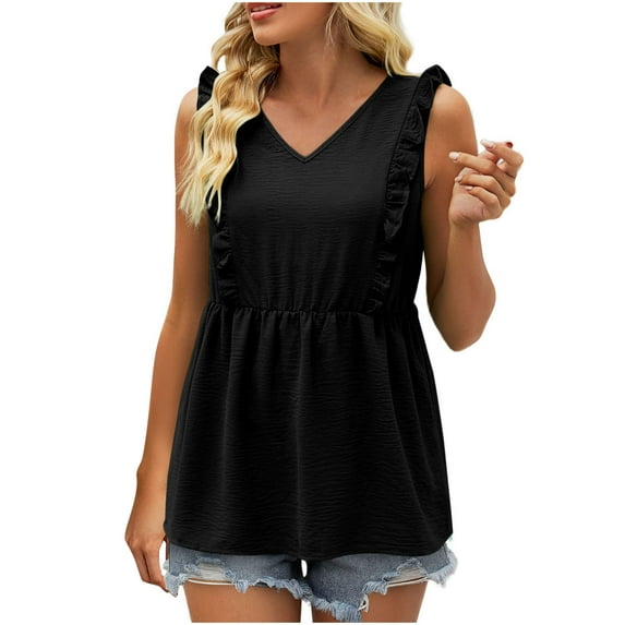 Mittory Womens Babydoll Tank Tops V Neck Ruffle Sleeve Pleated Peplum Shirts Summer