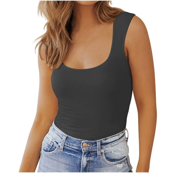 Mittory Womens Basic Fitted Square Neck Tank Tops Double Lined Summer Tops Cute Sleeveless Shirts