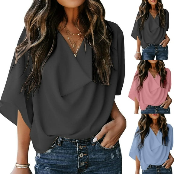 Mittory Womens Blouses and Tops Short Sleeve Chiffon Shirts Casual Loose Dressy Tunic Tops
