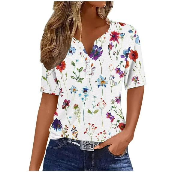 Mittory Womens Boho Tops Dressy Casual Floral Print V Neck Short Sleeve Henley T Shirts Button Down Blouses Graphic Tees