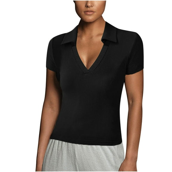 Mittory Womens Business Casual Tops Summer V Neck Short Sleeve T Shirts Slim Fitted Ribbed Knit Tee Tops